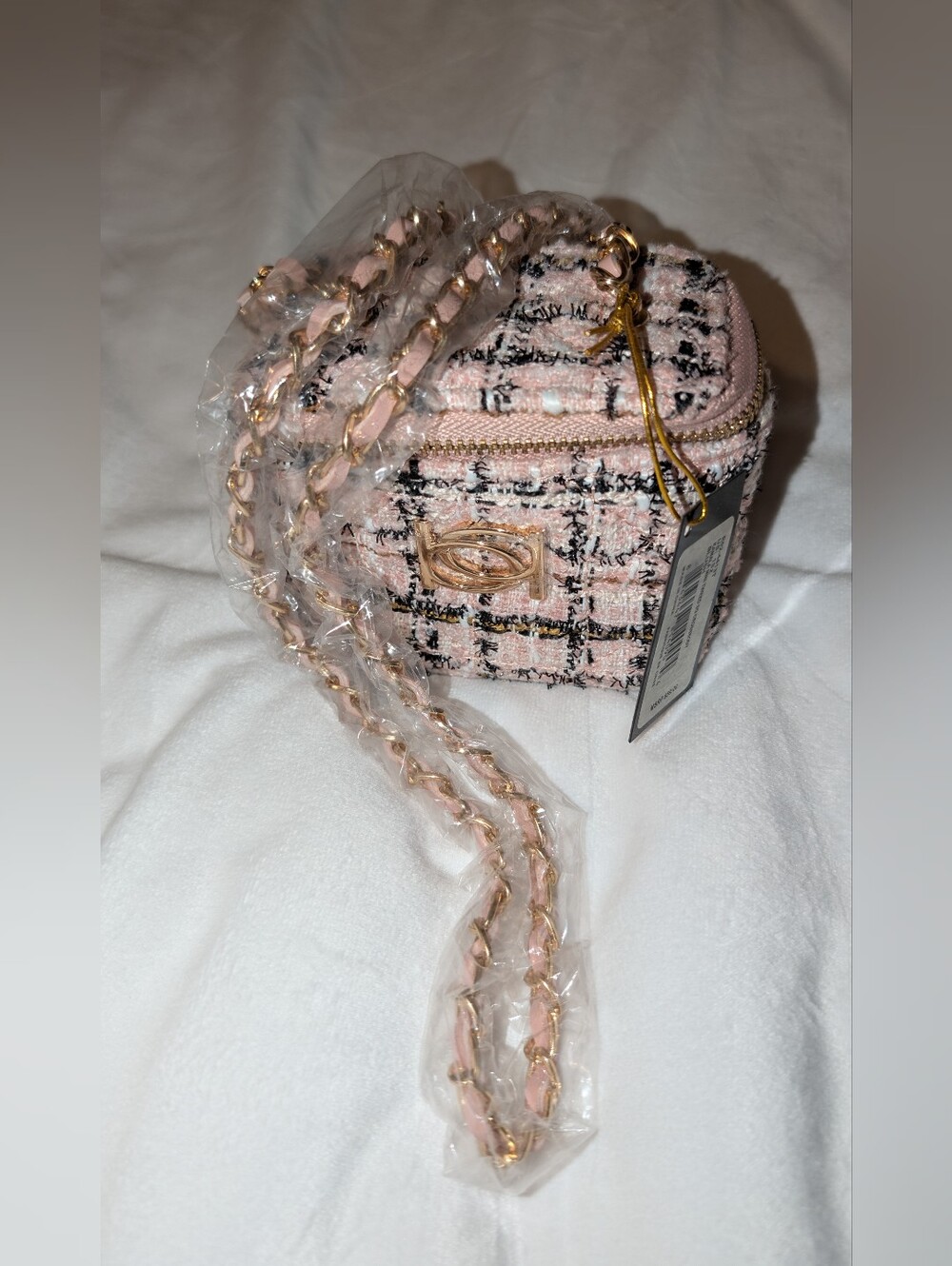 Bebe Kamala Mini Tweed Crossbody Bag Blush Pink Black Gold Chain NWT